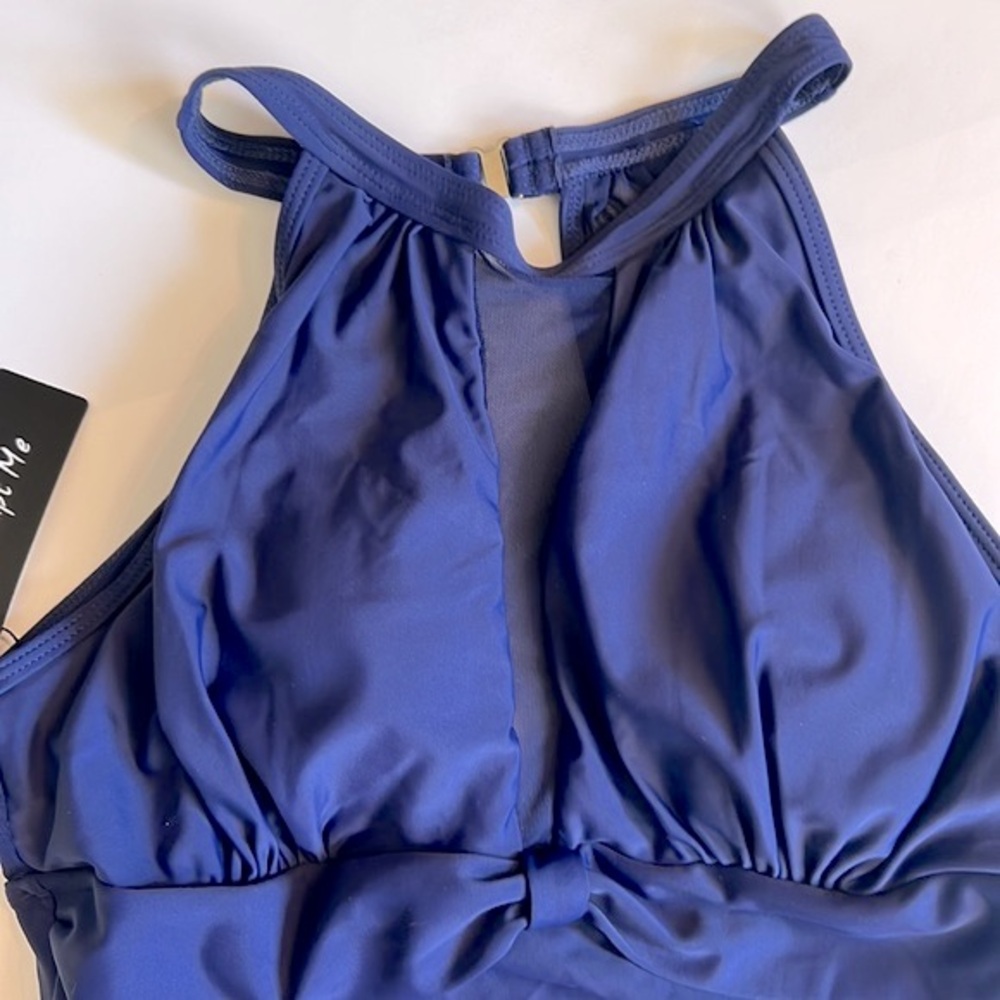 NWT Tempt Me navy blue high neck plunge mesh ruched swimsuit, size medium - Picture 3 of 9
